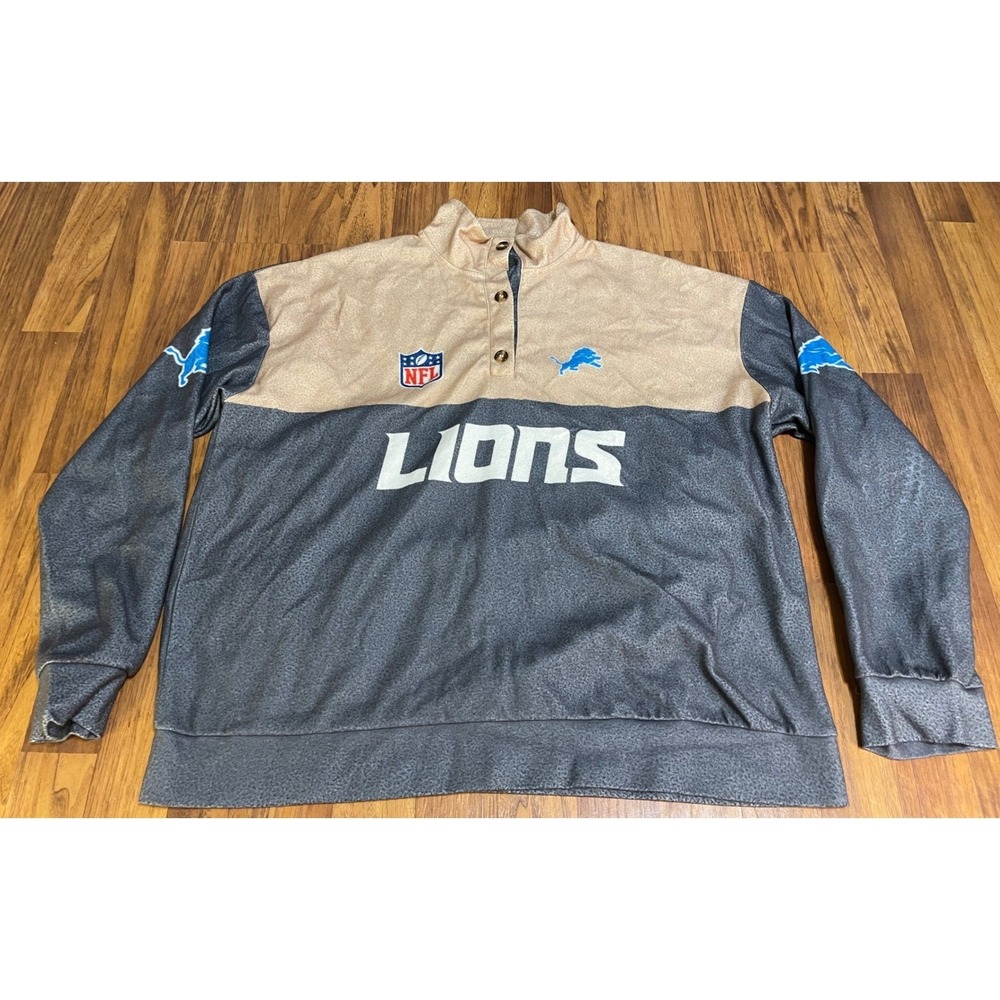 Detroit Lions NFL Quarter Button Pullover Fleece Grey Tan Mens Large L